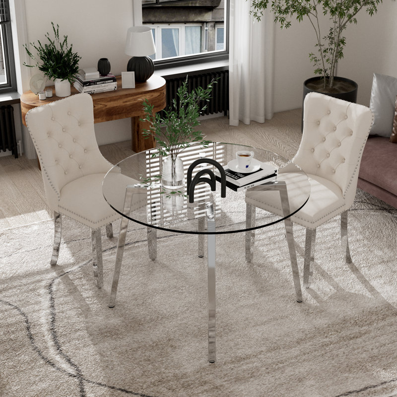 Ensemble de table de salle à manger ronde en verre, Beige, Argent argent, 3