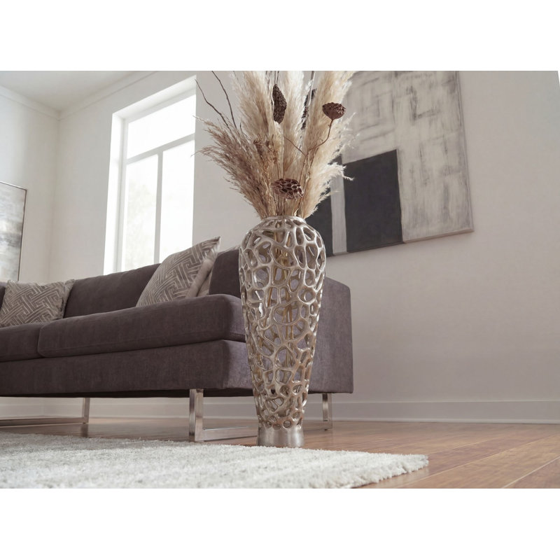 Tall Silver Aluminium Floor Vase, 85cm H x 31cm W x 31cm D, Silver