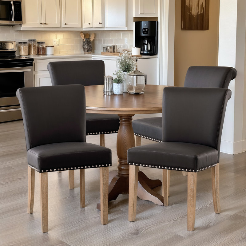 Momordique Nailed Trim Faux Leather Waterproof Upholstered Parsons Dining Chairs, Black/Black, 4