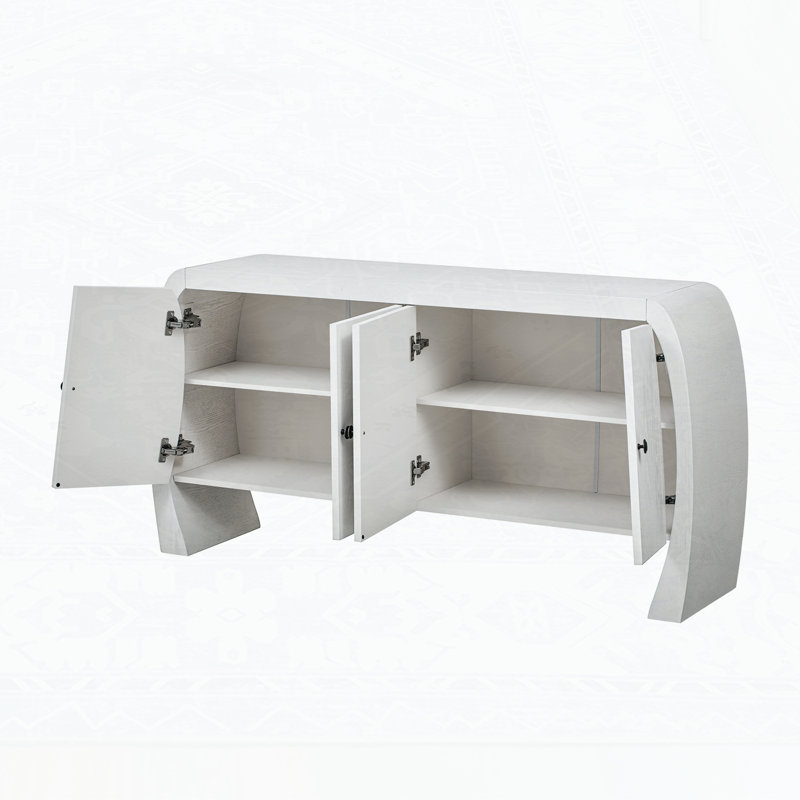Armoire de rangement à quatre portes en placage de frêne avec pieds courbés, Blanc