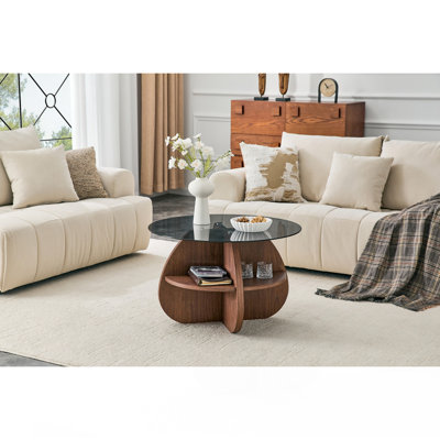 Table basse à structure croisée Creative avec plateau en verre trempé gris et rangement en forme d'éventail de couleur noyer. Parfait pour les salons, comme table basse ou table d'appoint. Idéal pour les petits espaces.