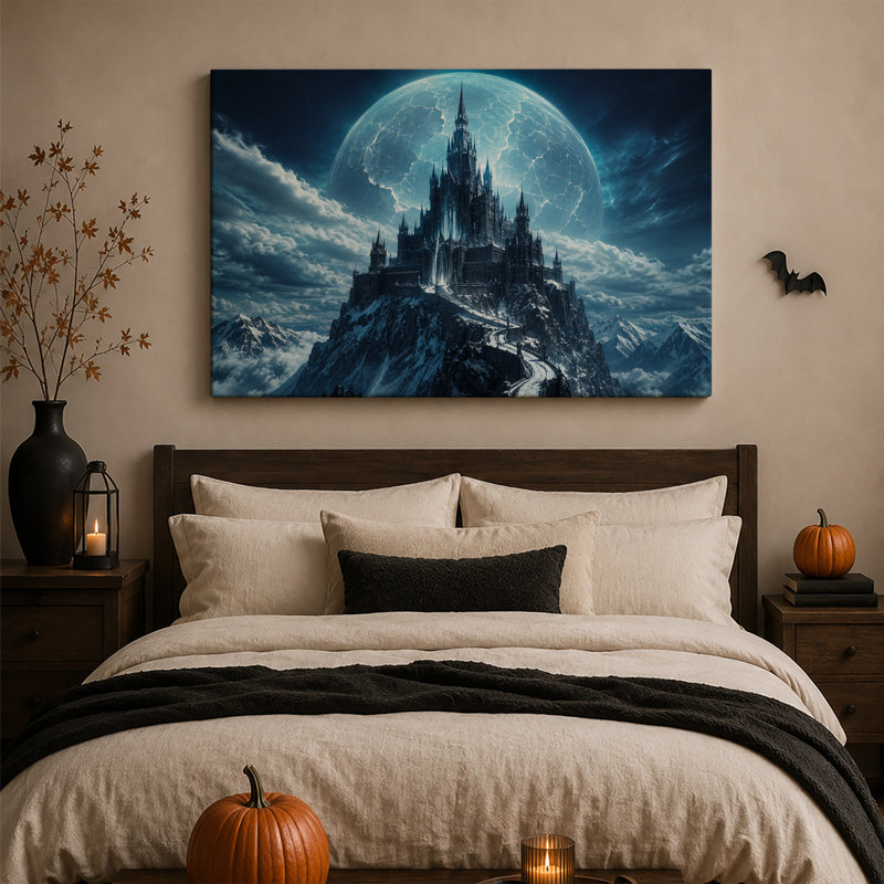 Château gothique sur montagne enneigé sous une toile craquelée - Décoration murale d'Halloween, H 24 po x l 36 po
