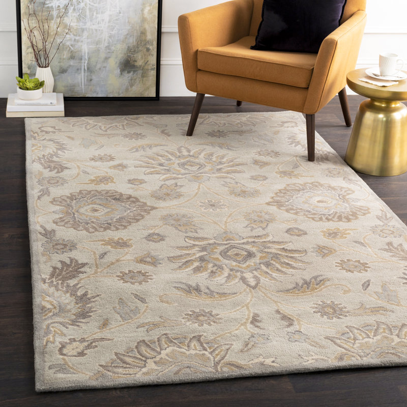 Tapis en laine touffeté à la main à motif oriental gris clair / kaki / crème Camden, Rectangle 5 pi x 8 pi