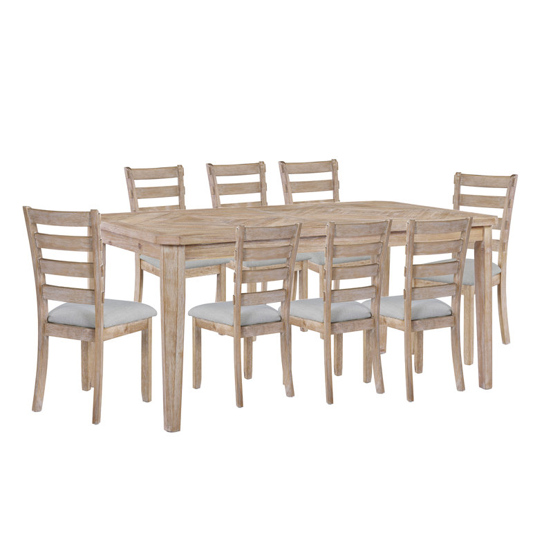 Ensemble de salle à manger 9 pièces en bois massif avec chaises à dossier échelle, Brun, Gris / Brun, Brun