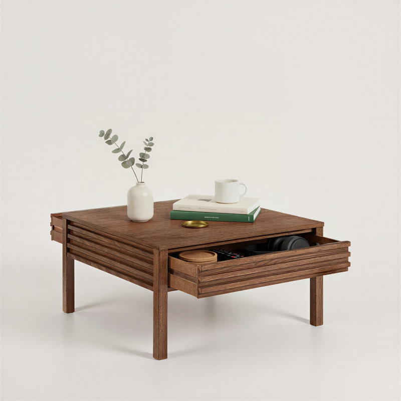 Charnay 32” Square Wood Coffee Table With Dual Drawers, Brown Oak