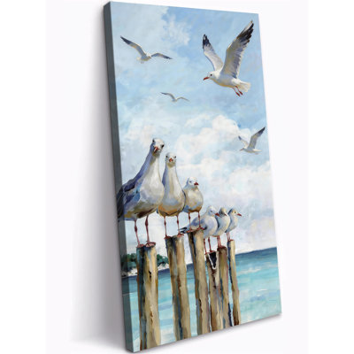 Coastal Seagulls Canvas Wall Art, Vertical Tall Ocean Painting Prints for Living Room Bedroom Office, Vintage Beach Themed Room Canvas Prints Decor Ready to Hang 12×24 Inch
