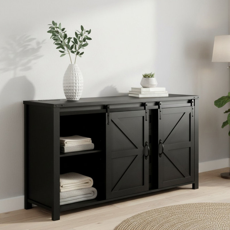 55.11" Sideboard with Storage, Farmhouse Storage Cabinet with Sliding Barn Doors, Wood Buffet Table with Power Outlet for Living Room