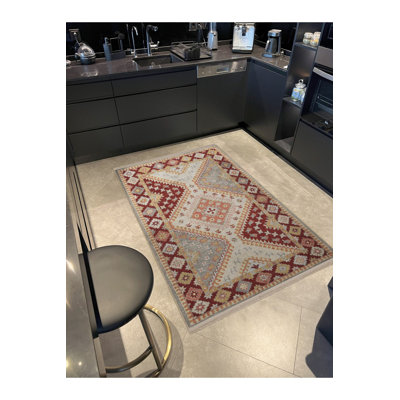 Tapis décoratif rétro bourgogne traditionnel lavable à la machine
