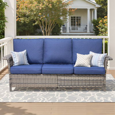 76.7" Wide Outdoor Wicker Patio Sofa, Wide Armrest Outdoor Couch with Blue Cushions for Porch Garden