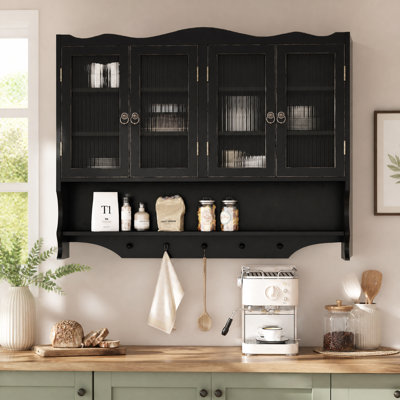 Armoire murale 39,37 po à 4 portes rétro, avec deux niveaux de rangement et un support à crochets ouverts, convient aux salles de bain, cuisines et salles à manger
