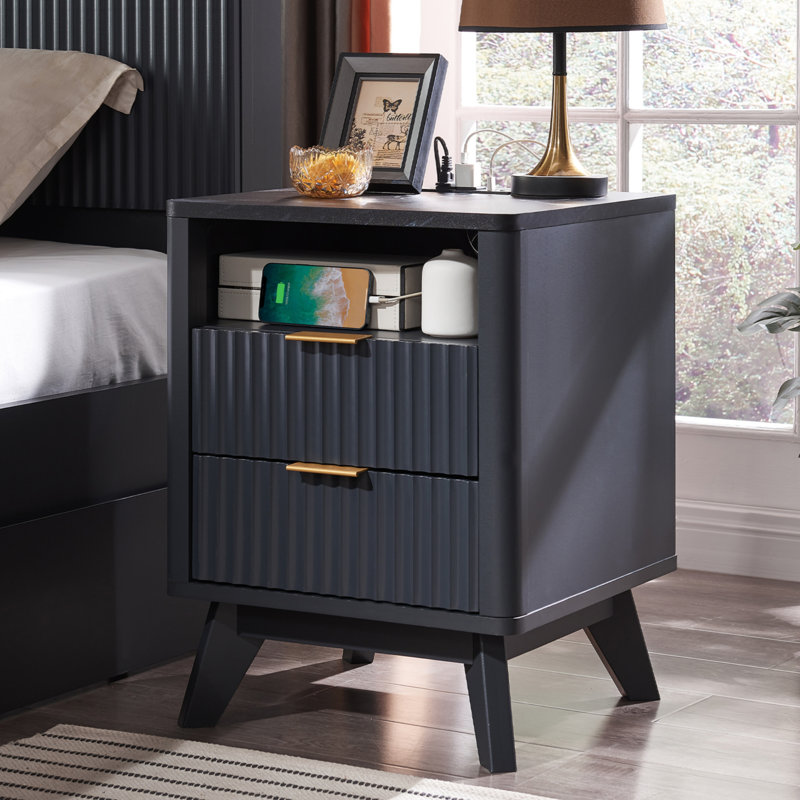 Hardester Vintage 2 - Drawer Nightstand with Charging Station, Bedside Table with Open Shelf, Dark Grey