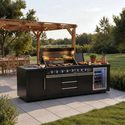 Ensemble d'îlot de cuisine extérieur modulaire 3 pièces avec barbecue à 8 brûleurs, réfrigérateur et roues Akoah