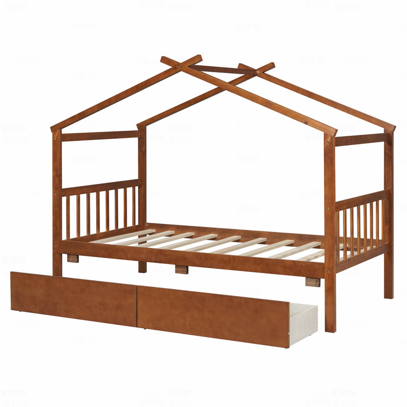 Lit simple, maison en bois avec tiroirs, Lit simple, Brun