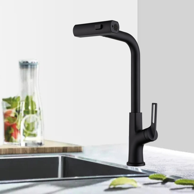 Robinet de cuisine à cascade avec tirette, noir mat, poignée simple, eau chaude et froide, plusieurs réglages de jet rotatif sur 360 °, finition noire, options d'eau à levier, trois