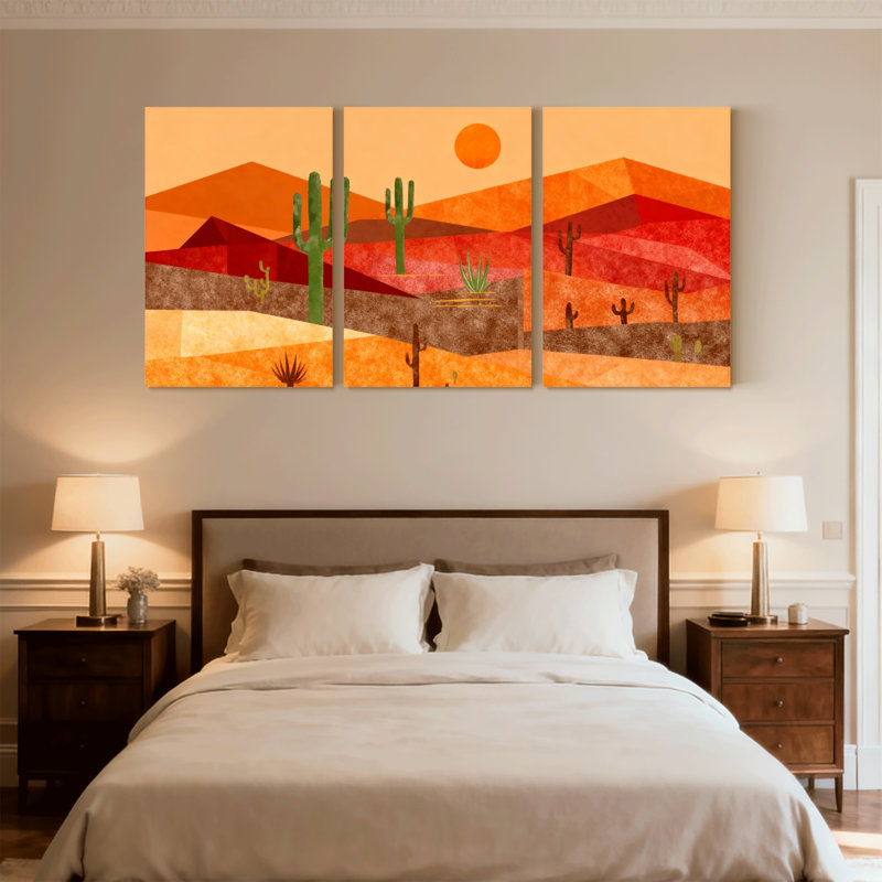Cactus, paysage désertique avec cactus et montagnes, ensemble de 3 impressions sur toile, H 18 po x l 36 po