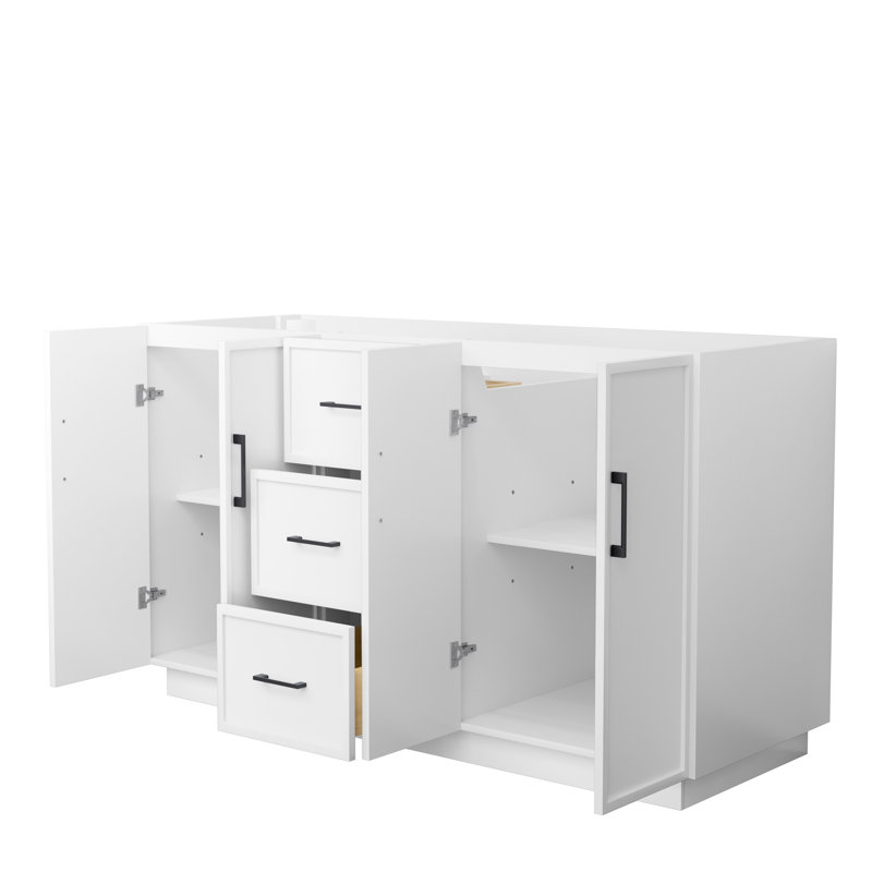 Meuble-lavabo double 60 po Elan TK, Blanc, Marbre de culture de Carrare, Noir mat