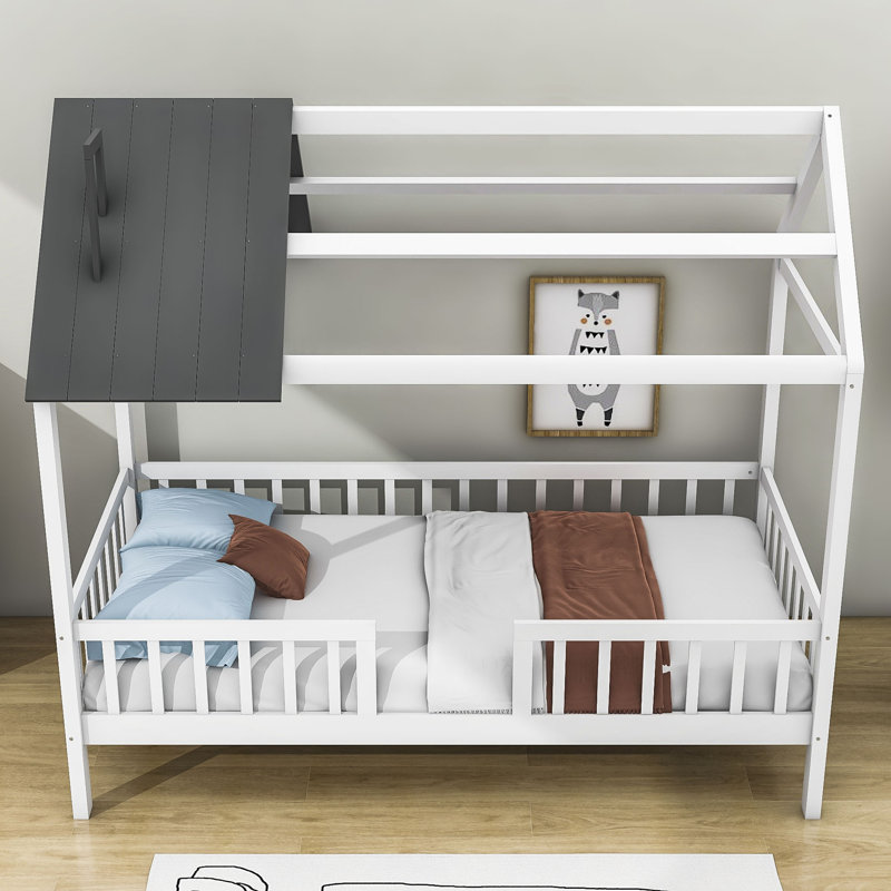 Molen Twin Size Wooden House Bed, White/Gray