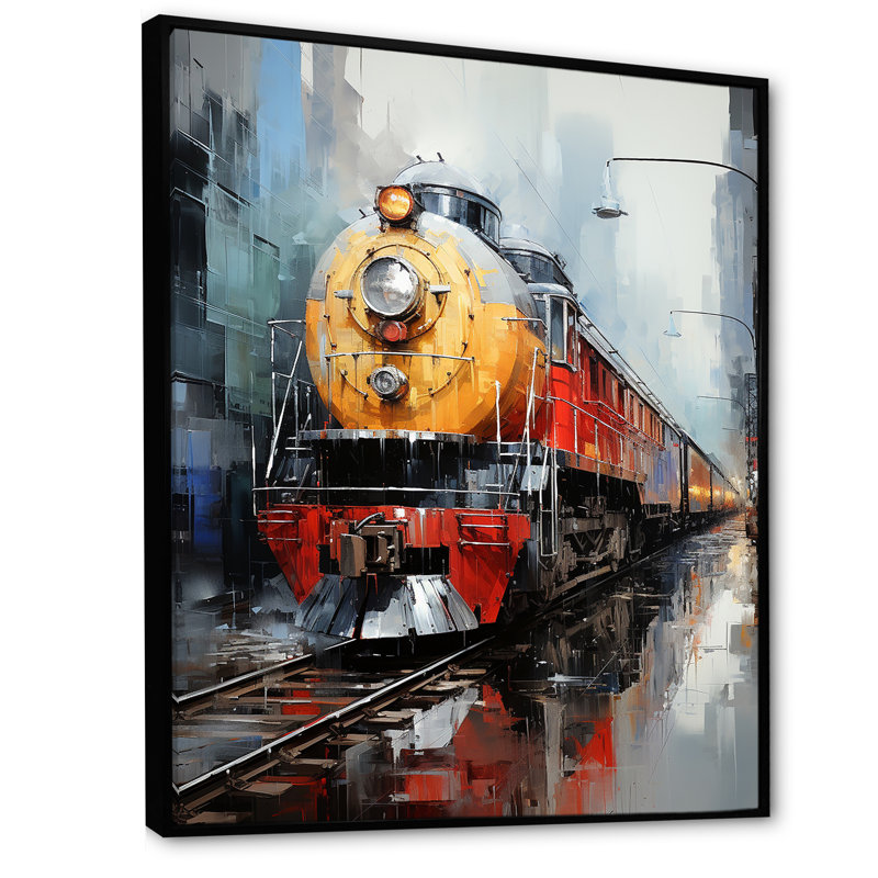 Jaune - train rouge - impression, Cadre flottant noir, H 32 po x l 16 po x P 1 po