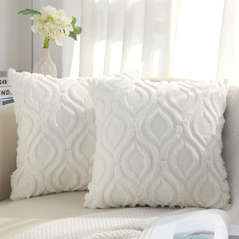 Decorative Throw Pillow Covers 24X24 Set Of 2, Soft Plush Faux Wool Couch Pillow Covers, Green, Cream Beige