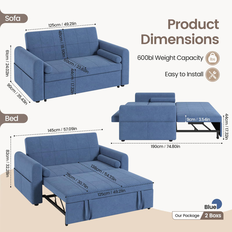 3 Seater Linen Sofa Bed, Blue Velvet