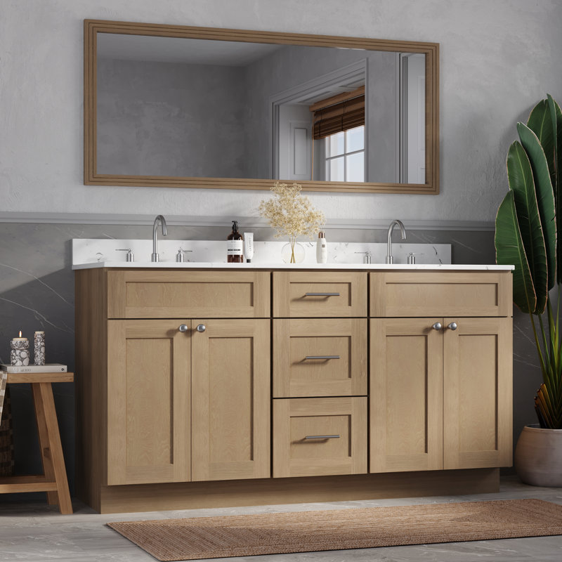 Meuble-lavabo double autoportant 63 po avec plateau en quartz Carrara, 63 po, 3 tiroirs, Chêne naturel