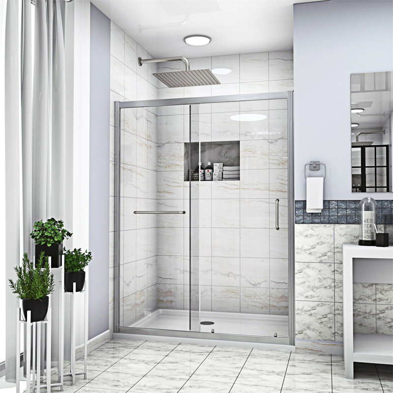 Single Sliding Bypass Shower Door, Brushed Silver