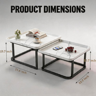 Ensemble de 2 tables basses gigognes - Tables de salon carrées modernes - Tables de bout empilables de style Mid-Century - Polyvalentes pour la chambre à coucher et le balcon - Blanc