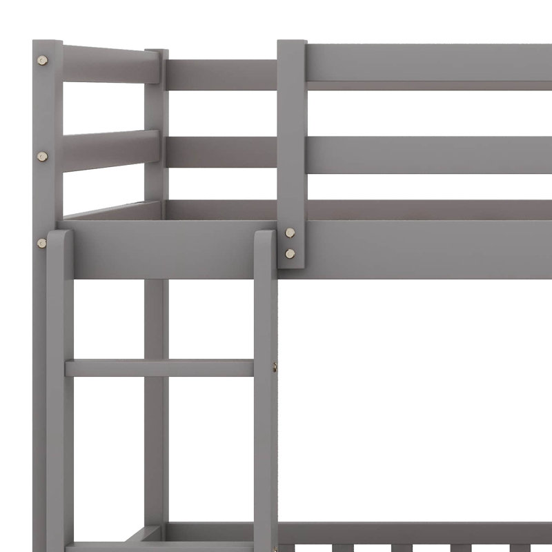 Twin Over Twin Low Bunk Bed With Ladder And Slide, Solid Wood Bunk Bed Can Be Converted Into Loft Bed, Gray