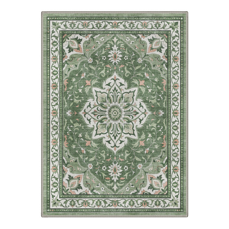 Sage Green Vintage Floral Machine Washable Area Rug, Botanical Oriental Non-Slip Carpet for Living Room Bedroom