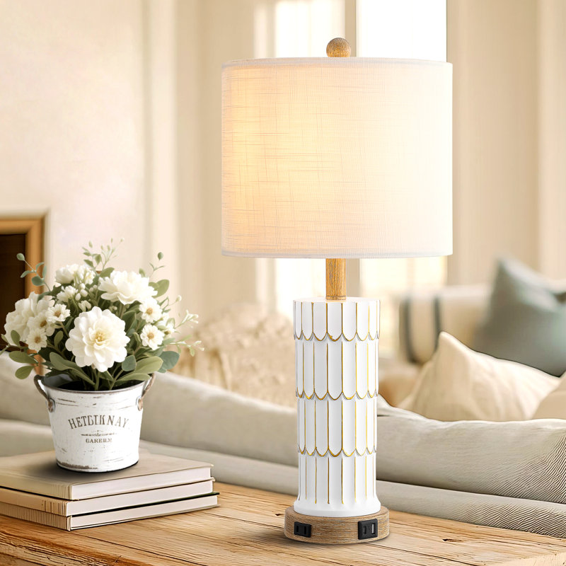 25" Resin Table Lamp Set With USB, Type-C Ports And AC-Outlet, Ivory, White
