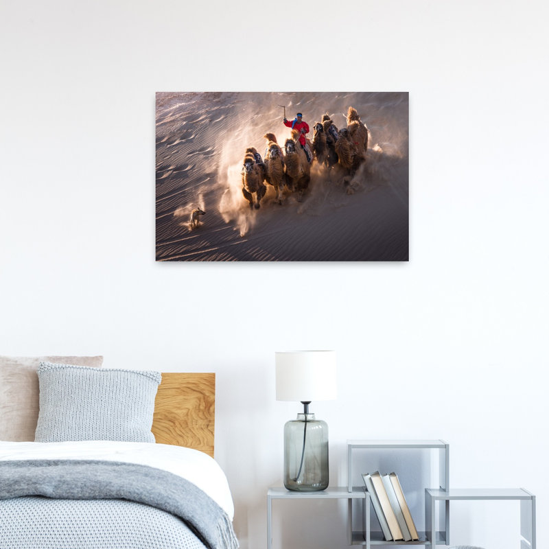 " Desert Camels Charging Abstract Contemporary Dog Landscape Nature Wall Art Print " Print, 24" H x 36" W