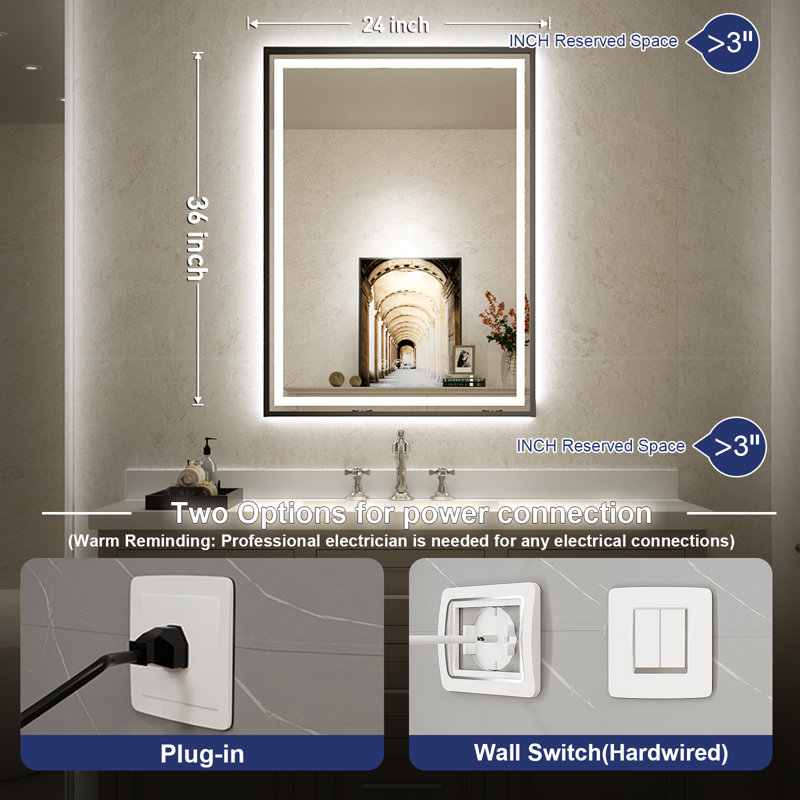 Miroir de salle de bain à DEL avec lumières, miroir de salle de bain éclairé à l'avant et à l'arrière avec anti-buée, miroirs muraux éclairés, température de 3 couleurs, à intensité variable