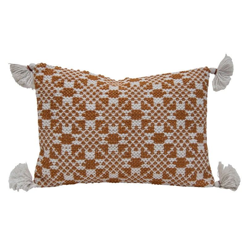 Rust Orange and White Geometric Lumbar Pillow with Tassels