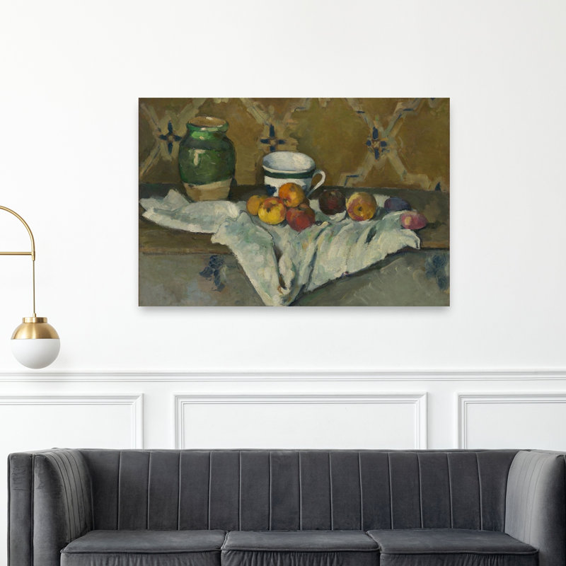 Nature morte au pot, à la tasse et aux pommes, vers 1877. Estampe d'art mural abstrait contemporain., H 40 po x l 60 po