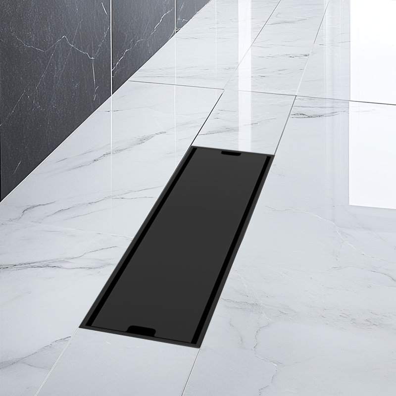 Drain de douche linéaire de 12 pouces avec grille à carreaux, Noir mat
