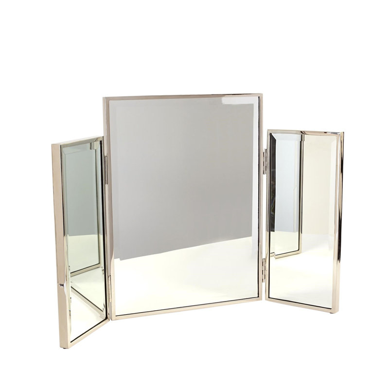 Nickel Tri-Fold Vanity Mirror with Brass Trim