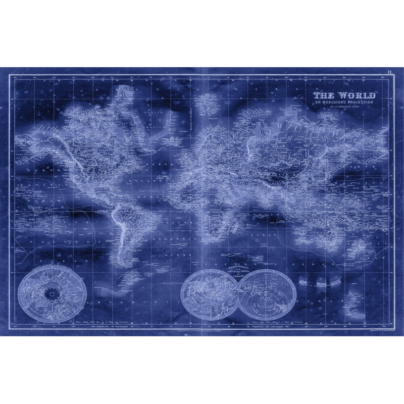 Indigo World Map by Unknown - Graphic Art Print, 20cm H x 30cm W, Wrapped Canvas