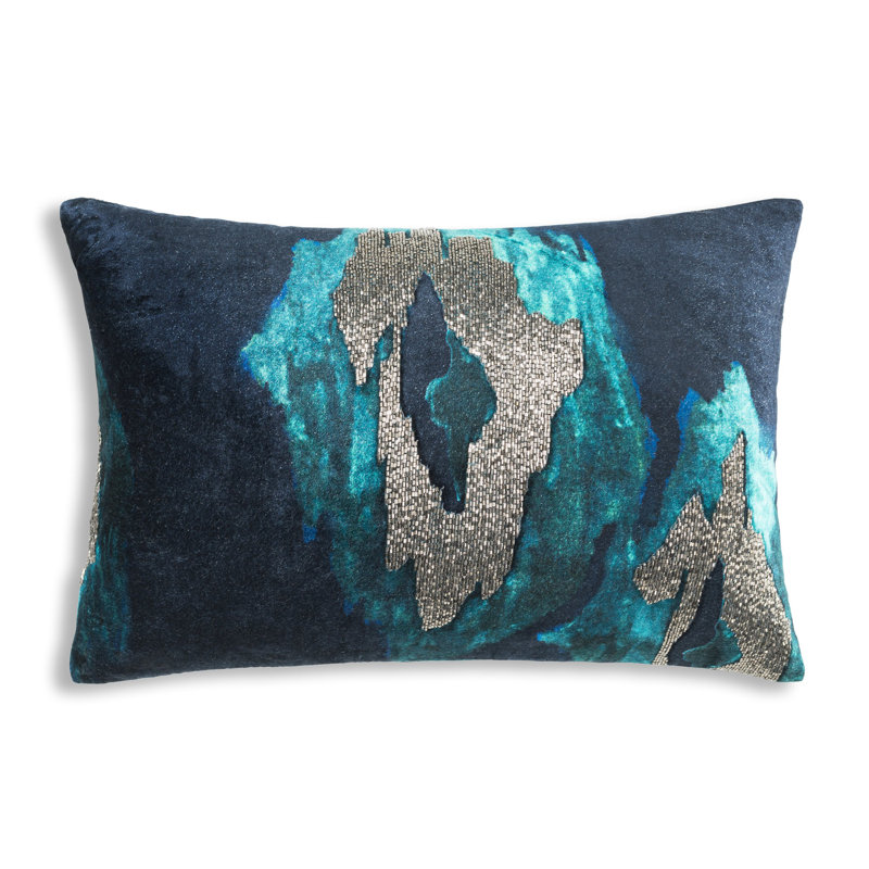 Housse de coussin et insert Jade Ikat, H 14 po x l 20 po, Bleu / bleu marine / chrome, Rectangulaire