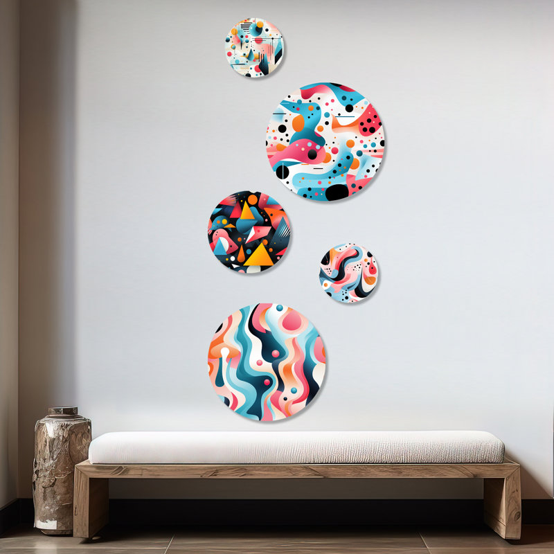 Rose et bleu Mid-Century tendance motifs V - ensemble géométrique d'art mural rond moderne de 5