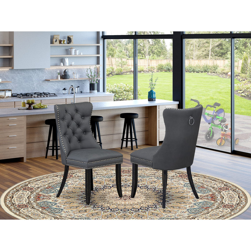 Dallas Parson Chairs - Button Tufted Nailhead Platinum Gray Polyester Fabric Upholstered Dining Chairs, Set of 2, Sand Blasted Black