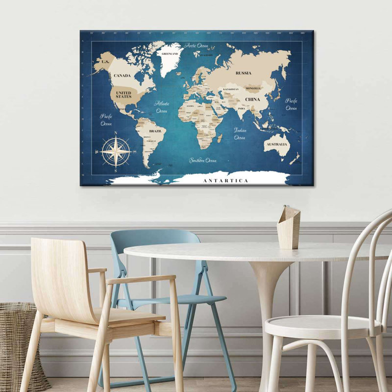 Carte du monde cobalt sur toile, H 26 po x l 39 po x P 1,25 po