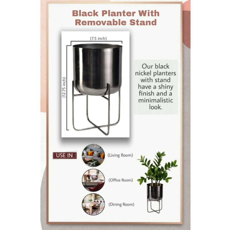 Jardinière courte en nickel noir avec support en métal amovible, H 12,75 po x l 7,5 po x P 7,5 po
