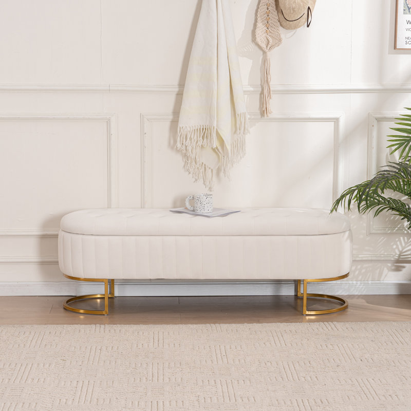 Shaneta 55" Velvet Storage Bench with Gold Legs, Ivory