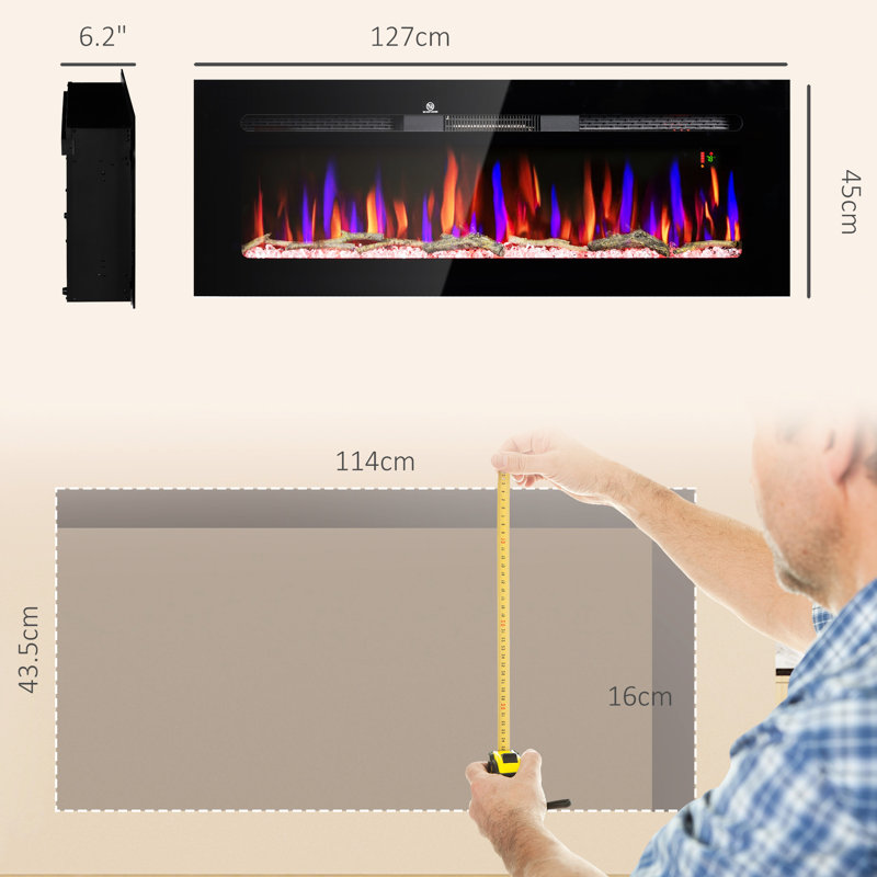 Foyer électrique 1500W, encastré et mural, minuterie 8H, couleur de flamme réglable, bûche et cristal, acier noir, foyer l 50 po, télécommande, chauffage, flamme, H 17,7 po x P 6,2 po