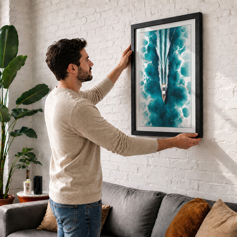 Boat Wake from Above Modern - Framed Print, A4 - 29.7 x 21.0 cm, White