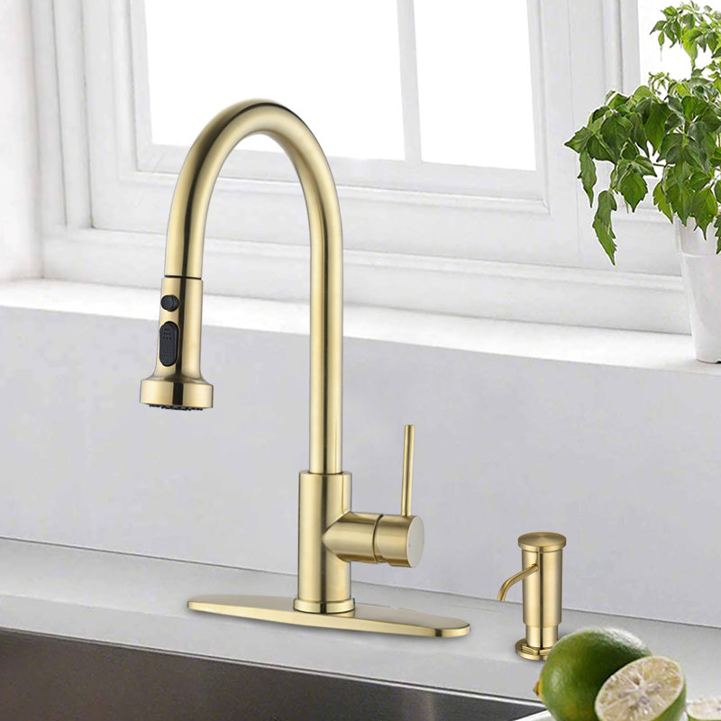Robinet de cuisine en acier inoxydable brossé doré avec distributeur rétractable et de savon - pour les égratignures, la rouille et les taches