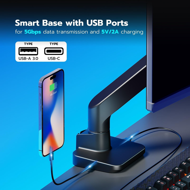 Ultrawide Monitor Desk Arm with USB A/C for 17 to 49 Inch Screen, Black