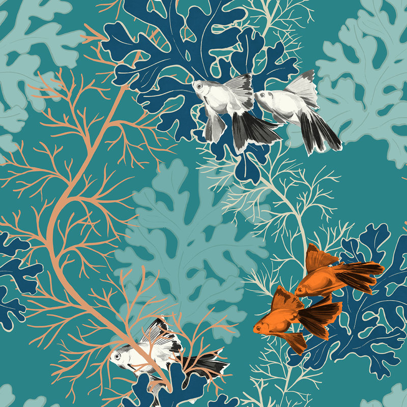 Rouleau de papier peint L 33 pi x l 20,5 po Under the Sea Yuki Osada, Bleu sarcelle