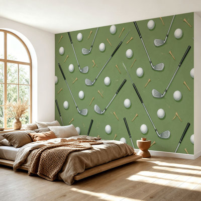 Wall Mural Peel and Stick Wallpaper Golf Clubs Balls Tees Green Self-Adhesive Removable Contact Paper Wall Decor for Living Room Bedroom 69"H x 96"W