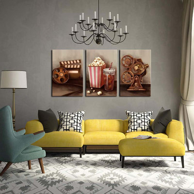 3 Piece Canvas Wall Art Classic Old Fashion Film Reels Popcorn Poster Painting Vintage Bar Pub Home Movie Theater Media Room Wall Decor Gallery Canvas Wrapped Artwork (16X24inchesx3pcs)